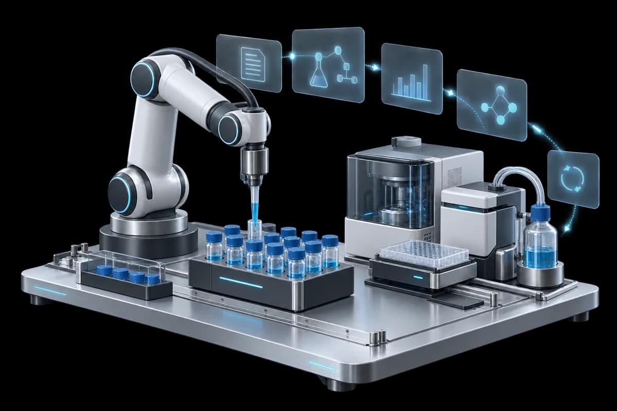 A robotic arm dispensing into sample vials on an automated lab bench, with a plan, experiment, analyze, and iterate loop floating above.