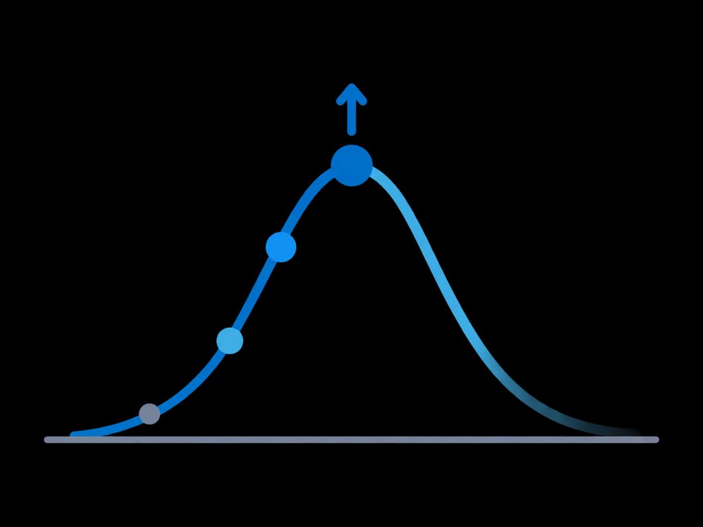An optimization curve narrowing onto a peak across a few labelled iterations.