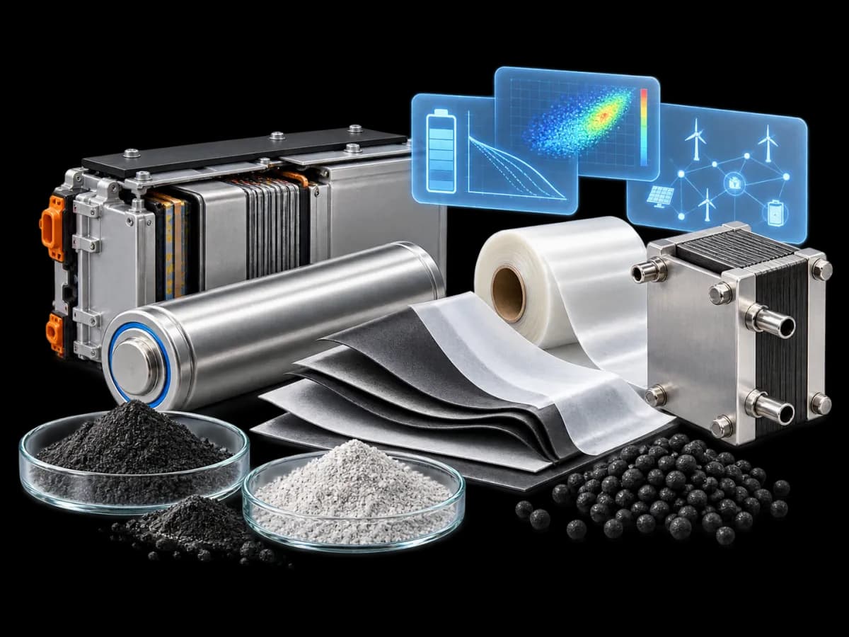 A battery module, cylindrical cell, electrode and separator sheets, a fuel-cell stack, and electrode powders, with charge curves and a grid network on panels above.
