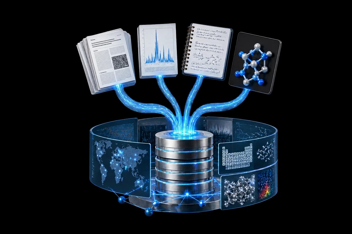 Four sources, a paper, a spectrum, a lab notebook, and a molecular structure, streaming into a central data store ringed by maps, periodic tables, and structures.