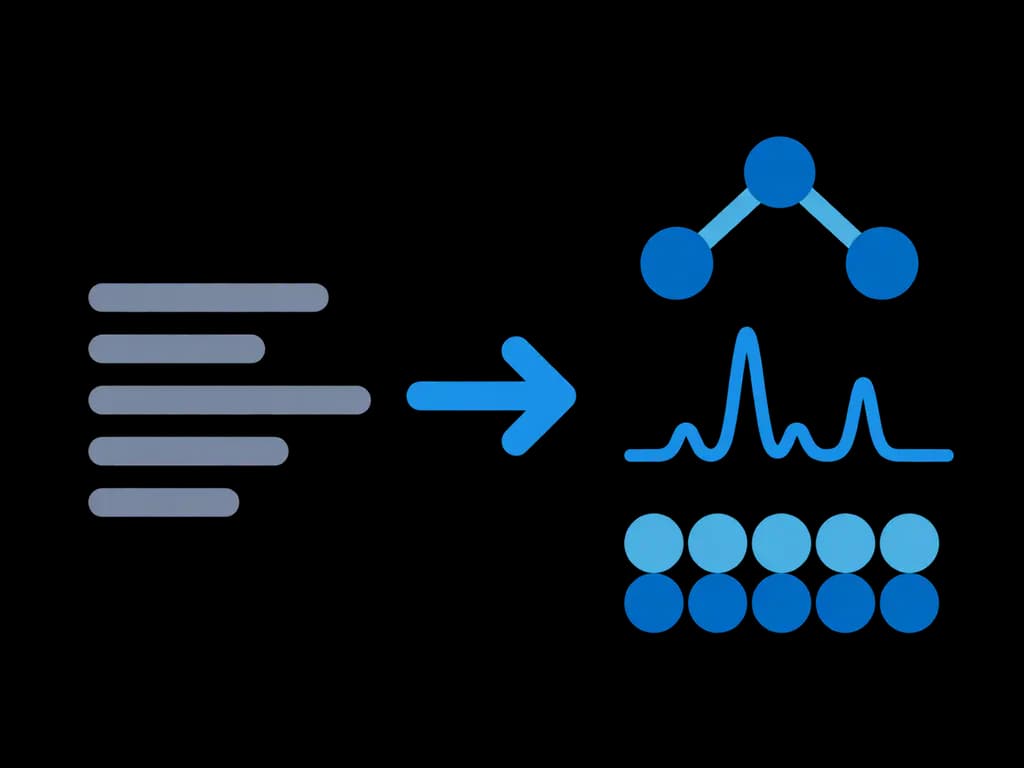 Lines of text converging into a catalyst surface, a spectrum, and a reaction diagram.