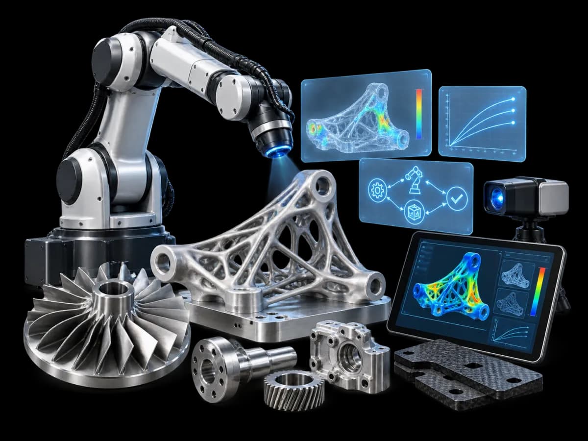 A robot arm inspecting a lattice-structured metal part beside a turbine wheel, machined parts, and carbon plates, with stress maps and a process loop on panels above.