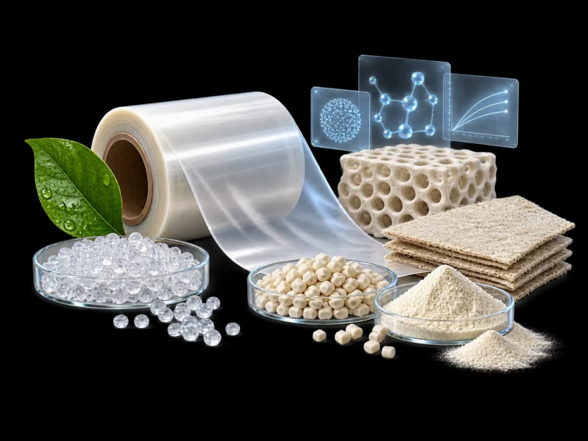 Polymer film on a roll, clear and white pellets, powders, porous blocks, and fibrous mats, with a structure, molecule, and property curve on panels above.