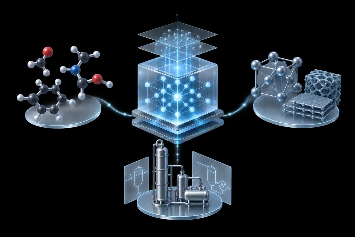 A glowing model core linked to molecules, crystalline and porous materials, and a process plant.