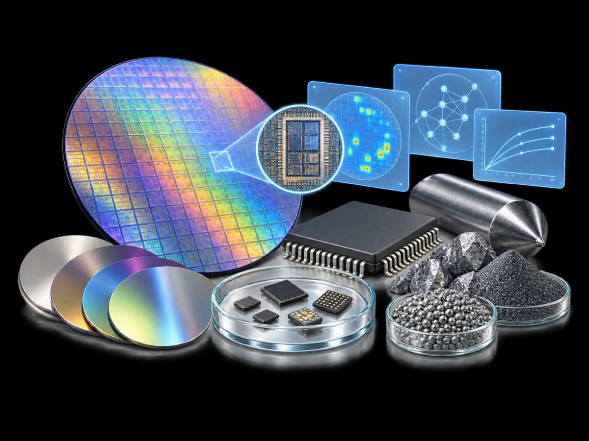 A patterned silicon wafer with a magnified die, polished wafers, packaged chips, metal feedstock, and powders, with a defect map and process curves on panels above.