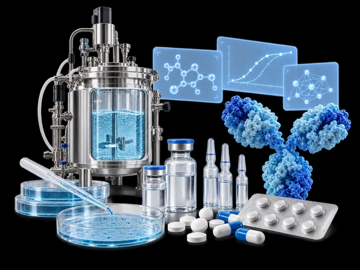 A stainless bioreactor, culture dishes, vials, ampoules, tablets, and capsules beside an antibody structure, with molecule and response-curve panels above.