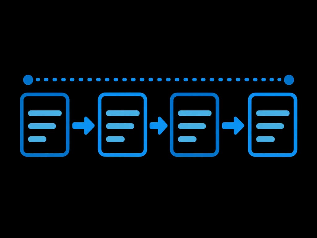 A chain of linked records tracing a query through data, model, action, and result.