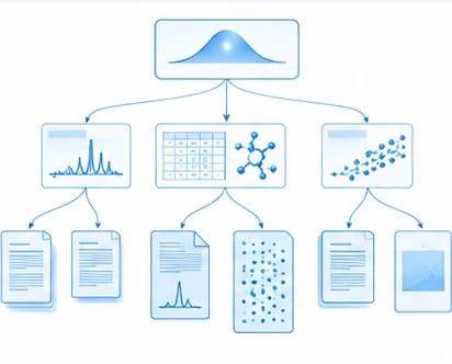 A claim at the top resolving downward through supporting evidence into source documents, spectra, and measurements.