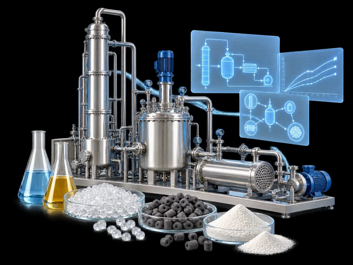 A process skid with a distillation column, stirred reactor, heat exchanger, and pump, with flasks, beads, catalyst pellets, and powder in front and flow diagrams above.